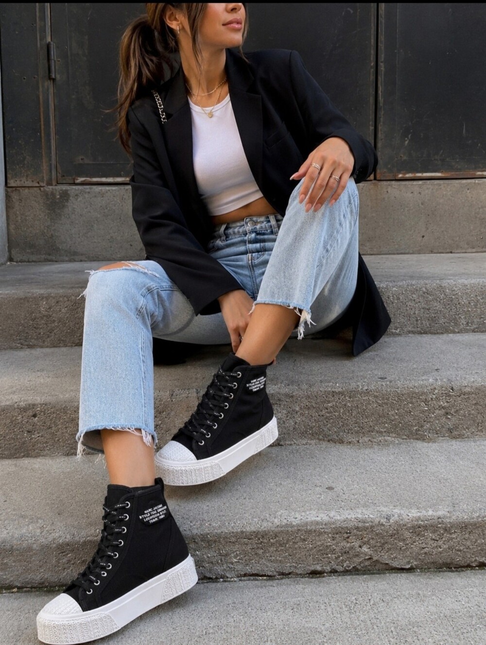 New Marc Jacobs The High Top Sneaker Canvas Black -White Women's Size 38EU 8 US